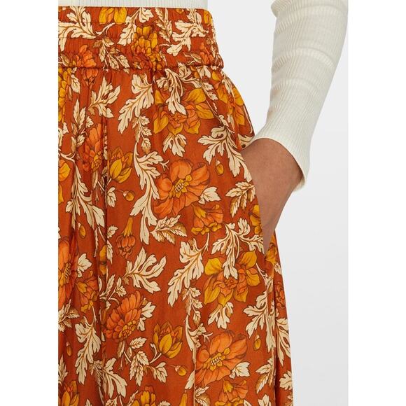 Zimmermann Andie Swing Gathered Floral Print Silk Midi Skirt Orange Beige Multi - Picture 4 of 14